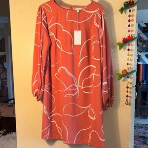 NWT A New Day long-sleeve floral tunic dress in a coral color with white abstrac